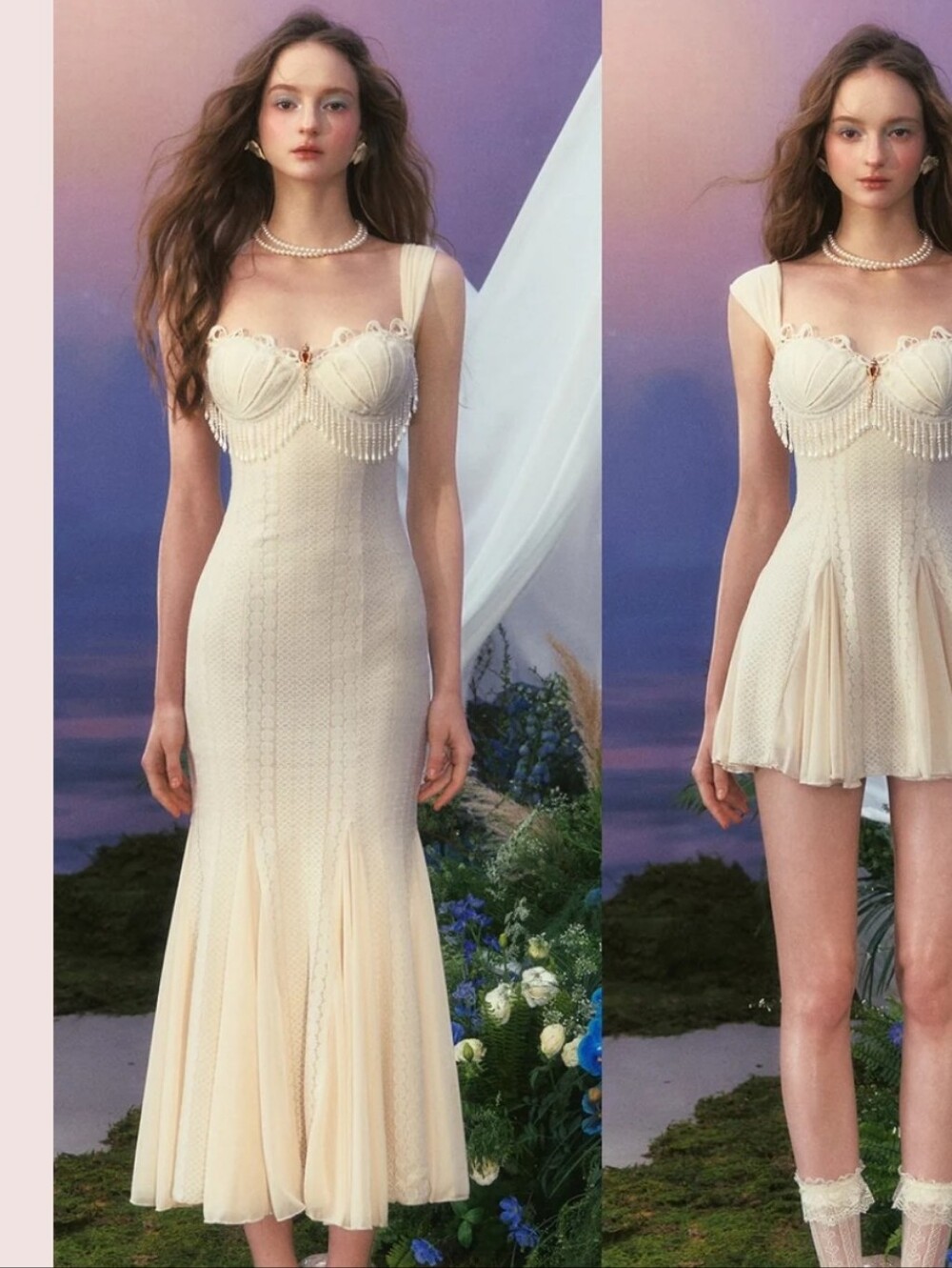 NWT LaceMade Siren's Song Mermaid Long Lace Dress Pearl Beads Shells Cream Small - Picture 16 of 16